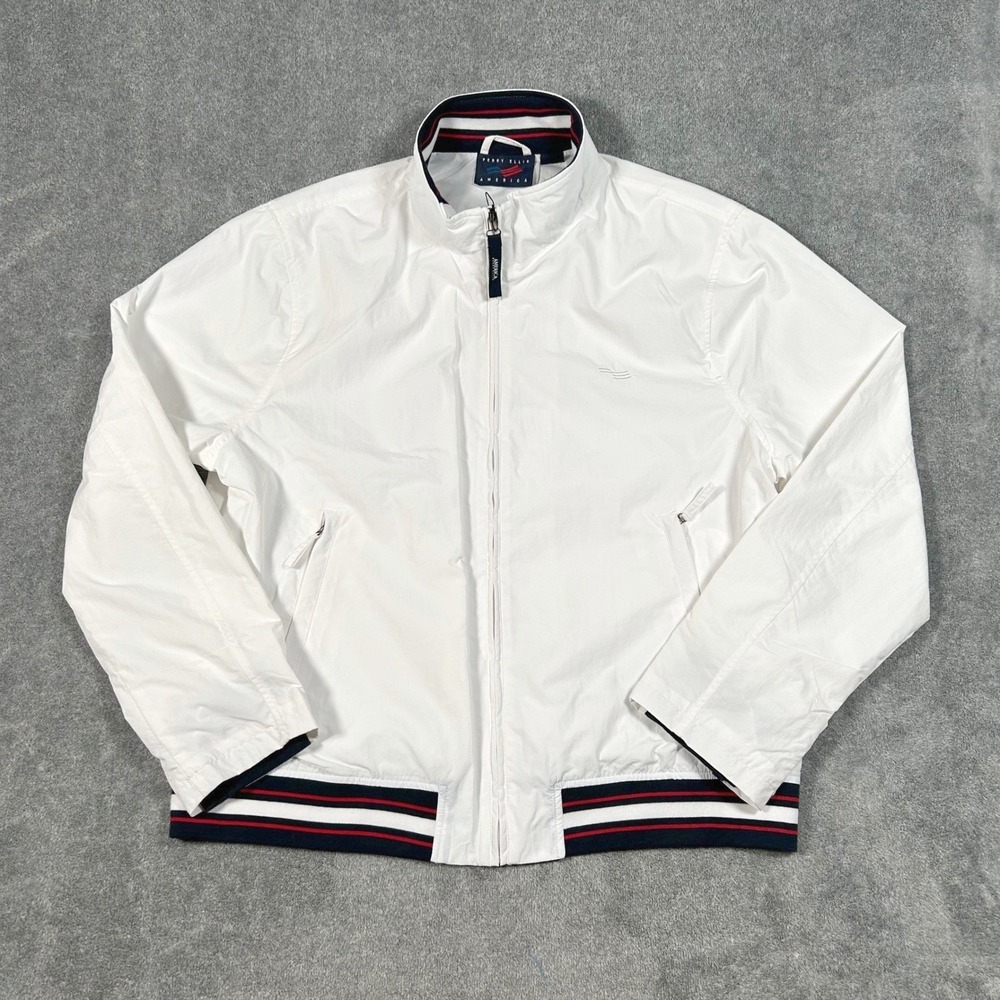 Perry Ellis America Windbreaker Full Zip White Jacket Striped Trim Mens XXL New